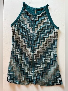 White House Black Market XS Chevron Knit Sleeveless Top Teal Black Gray White